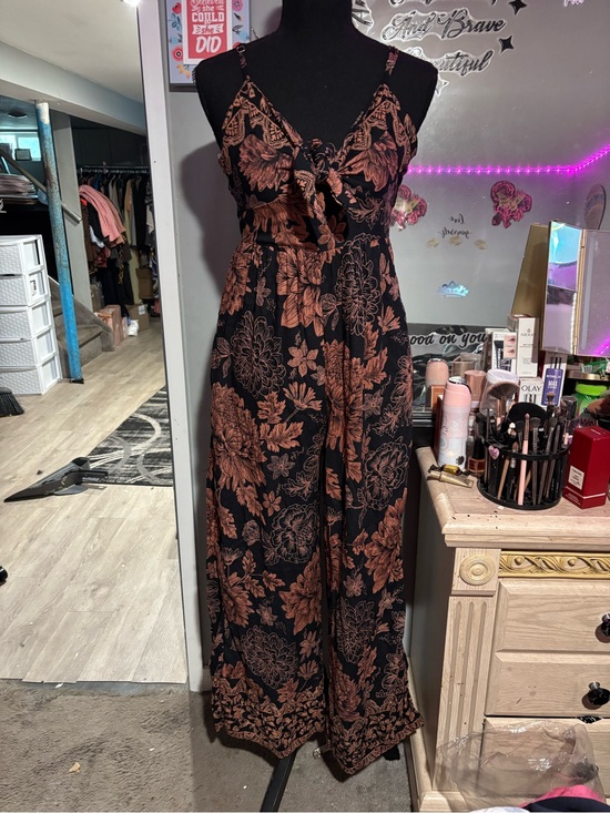 Angie Pants - NWT Angie Floral Tie-Front Wide-Leg Jumpsuit - Black & Rust
